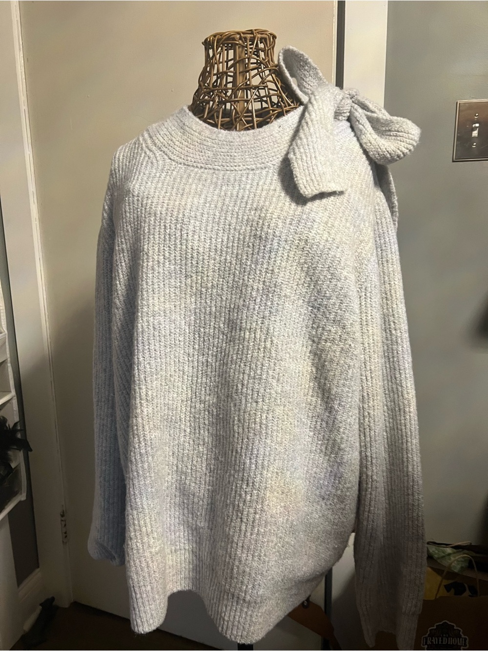 SHEIN Light Gray Ribbed Bow-Shoulder Sweater
